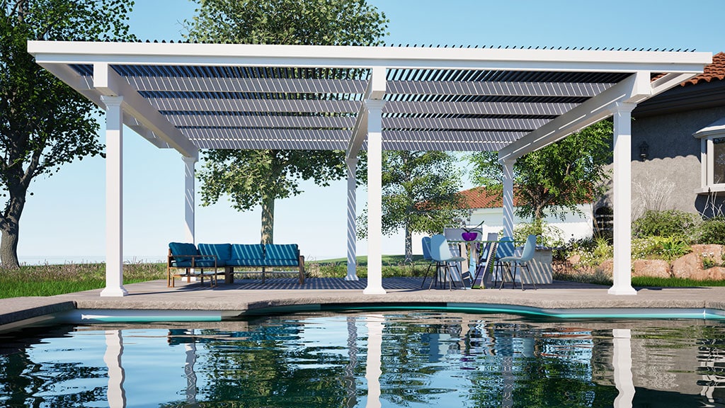 Pergola, Florentine Columns, White, Black, Outside View, Daytime