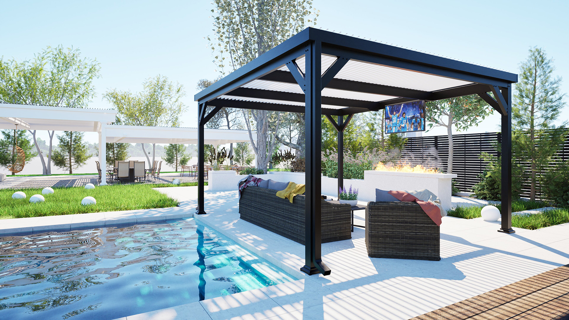 Pergola, Free Standing, Florentine Columns, Bronze, White, Outside View, Daytime