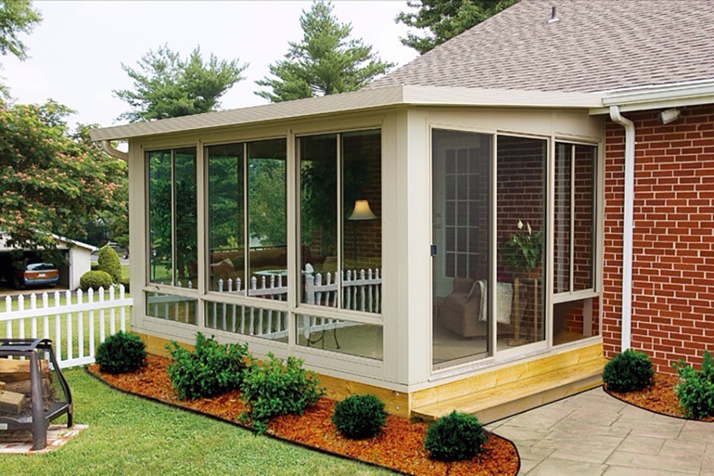 Sunroom, Studio Roof, Vista View  Walls, Lower Transoms, Sandstone, Outside View, Daytime, Patio Doors